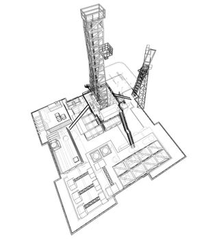 Offshore oil rig drilling platform concept. 3d illustration. Wire-frame style