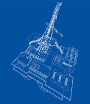 Offshore oil rig drilling platform concept. 3d illustration. Wire-frame style