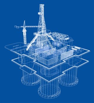 Offshore oil rig drilling platform concept. 3d illustration. Wire-frame style