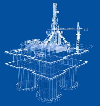 Offshore oil rig drilling platform concept. 3d illustration. Wire-frame style