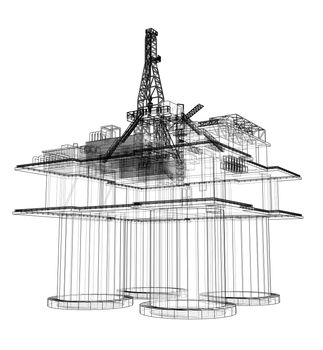 Offshore oil rig drilling platform concept. 3d illustration. Wire-frame style