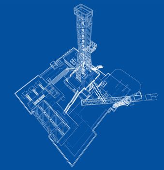 Offshore oil rig drilling platform concept. 3d illustration. Wire-frame style