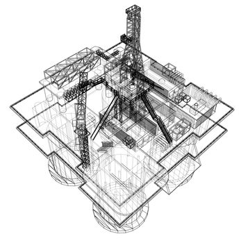 Offshore oil rig drilling platform concept. 3d illustration. Wire-frame style