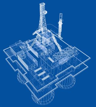 Offshore oil rig drilling platform concept. 3d illustration. Wire-frame style