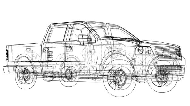 Car SUV drawing outline or blueprint. 3d illustration