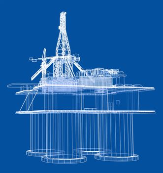 Offshore oil rig drilling platform concept. 3d illustration. Wire-frame style