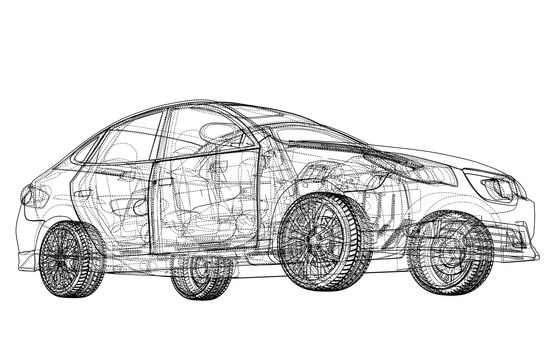 Concept car. 3d illustration. Blueprint or Wire-frame style