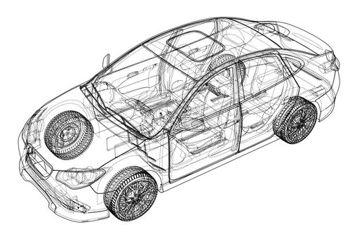 Concept car. 3d illustration. Blueprint or Wire-frame style