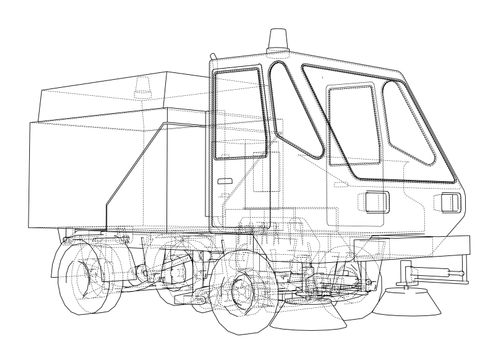 Small Street Clean Truck Concept. 3d illustration. Wire-frame style