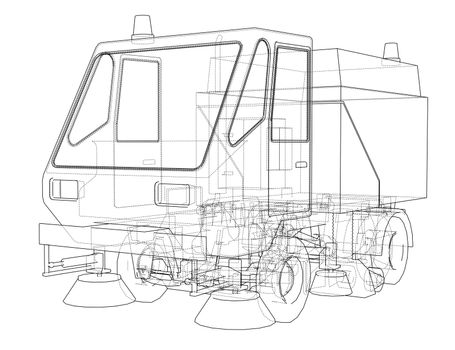 Small Street Clean Truck Concept. 3d illustration. Wire-frame style