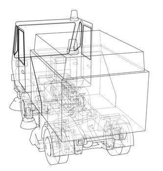 Small Street Clean Truck Concept. 3d illustration. Wire-frame style