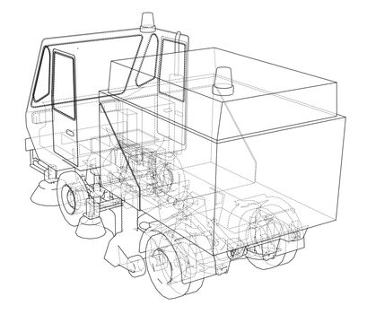 Small Street Clean Truck Concept. 3d illustration. Wire-frame style