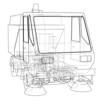 Small Street Clean Truck Concept. 3d illustration. Wire-frame style