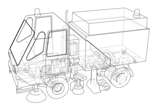 Small Street Clean Truck Concept. 3d illustration. Wire-frame style