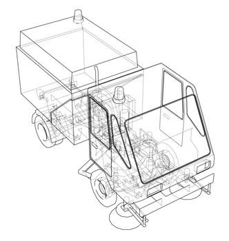 Small Street Clean Truck Concept. 3d illustration. Wire-frame style