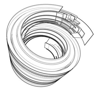 Design spiral elements. 3d illustration. Wire-frame style