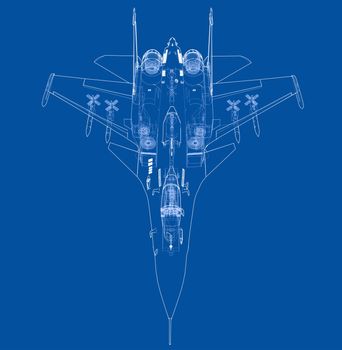 Fighter plane concept. 3d illustration. Wire-frame style