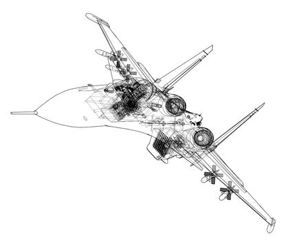 Fighter plane concept. 3d illustration. Wire-frame style