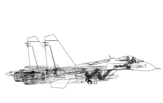 Fighter plane concept. 3d illustration. Wire-frame style