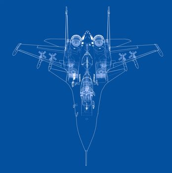 Fighter plane concept. 3d illustration. Wire-frame style