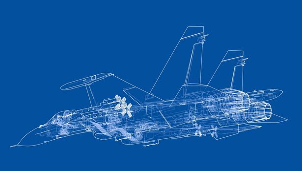 Fighter plane concept. 3d illustration. Wire-frame style