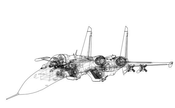 Fighter plane concept. 3d illustration. Wire-frame style