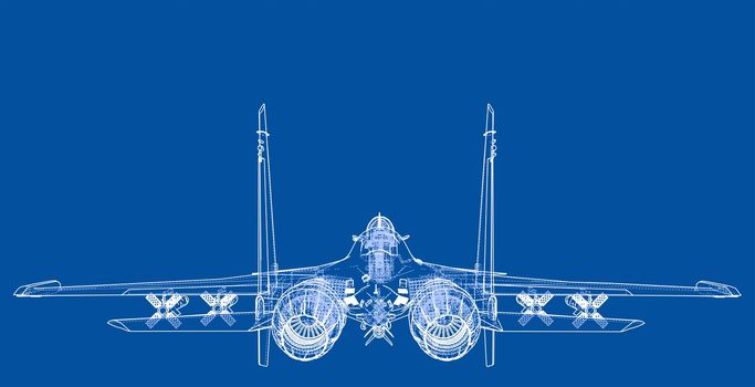 Fighter plane concept. 3d illustration. Wire-frame style