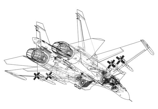 Fighter plane concept. 3d illustration. Wire-frame style