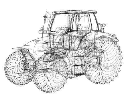 Farm Tractor Concept. 3d illustration. Wire-frame style