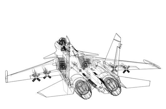 Fighter plane concept. 3d illustration. Wire-frame style