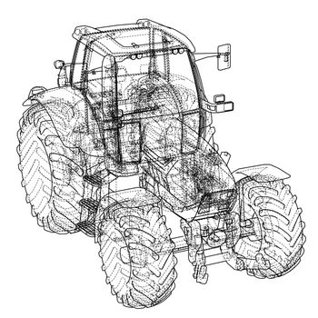 Farm Tractor Concept. 3d illustration. Wire-frame style