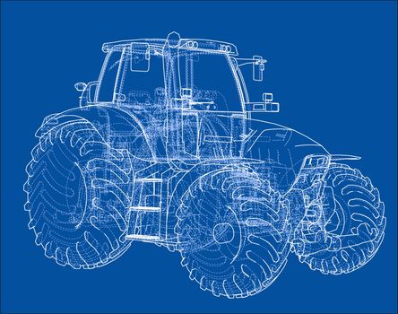 Farm Tractor Concept. 3d illustration. Wire-frame style