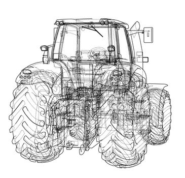 Farm Tractor Concept. 3d illustration. Wire-frame style