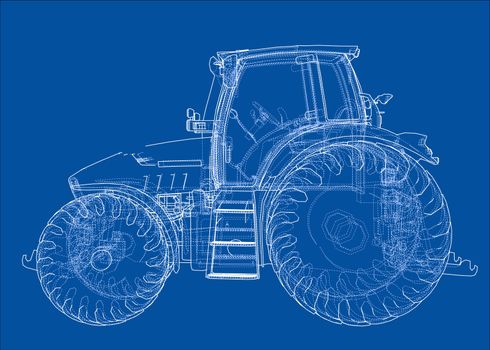 Farm Tractor Concept. 3d illustration. Wire-frame style