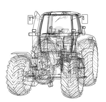 Farm Tractor Concept. 3d illustration. Wire-frame style