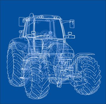 Farm Tractor Concept. 3d illustration. Wire-frame style