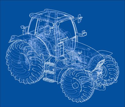 Farm Tractor Concept. 3d illustration. Wire-frame style