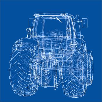 Farm Tractor Concept. 3d illustration. Wire-frame style