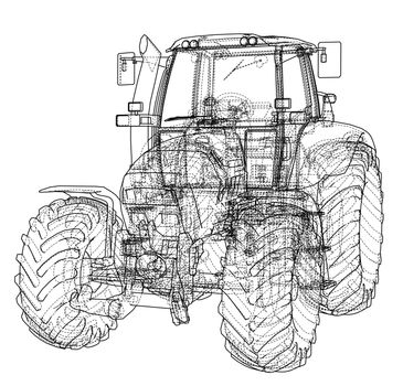 Farm Tractor Concept. 3d illustration. Wire-frame style