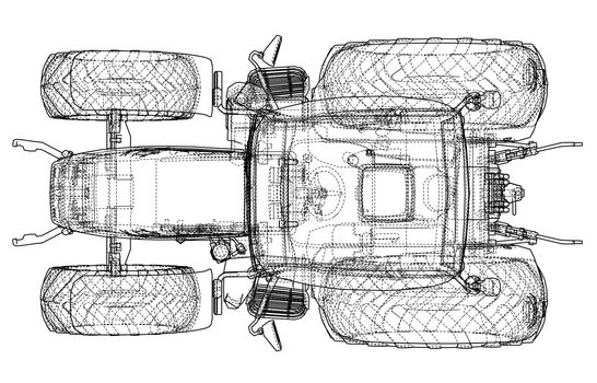 Farm Tractor Concept. 3d illustration. Wire-frame style