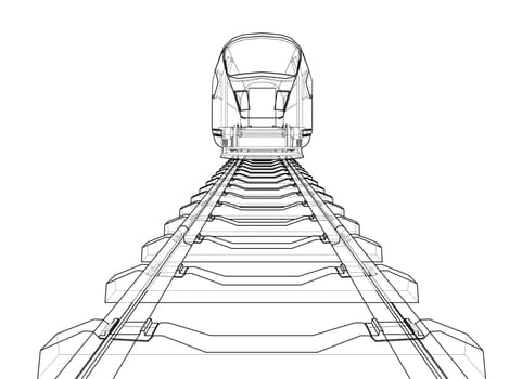 Modern speed train concept. 3d illustration. Wire-frame style