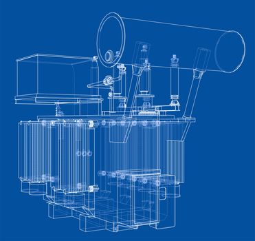 High-voltage transformer concept. 3d illustration. Wire-frame style