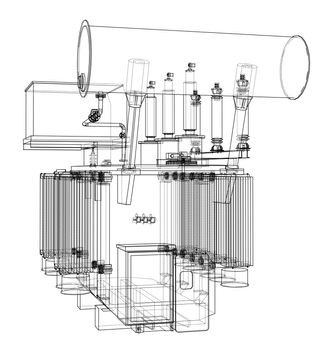 High-voltage transformer concept. 3d illustration. Wire-frame style