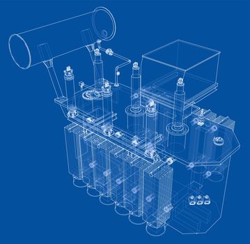 High-voltage transformer concept. 3d illustration. Wire-frame style