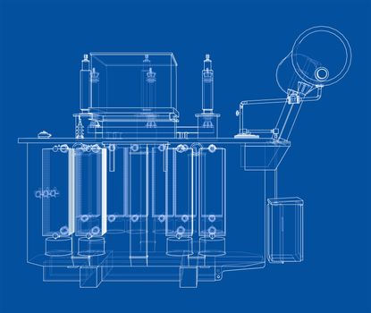 High-voltage transformer concept. 3d illustration. Wire-frame style