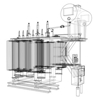 High-voltage transformer concept. 3d illustration. Wire-frame style