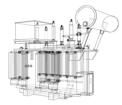 High-voltage transformer concept. 3d illustration. Wire-frame style