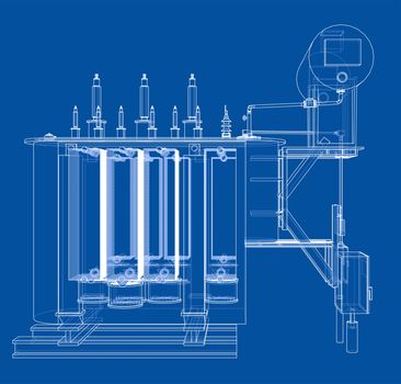 High-voltage transformer concept. 3d illustration. Wire-frame style