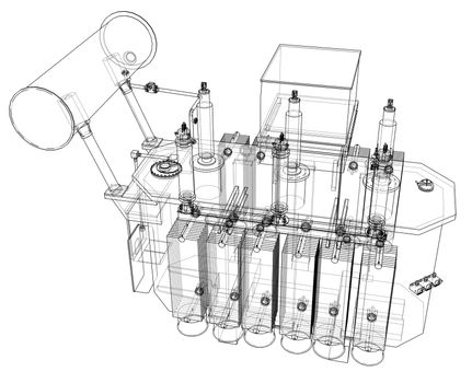 High-voltage transformer concept. 3d illustration. Wire-frame style