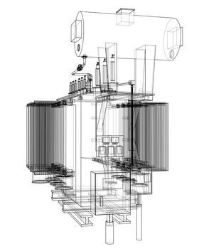 High-voltage transformer concept. 3d illustration. Wire-frame style
